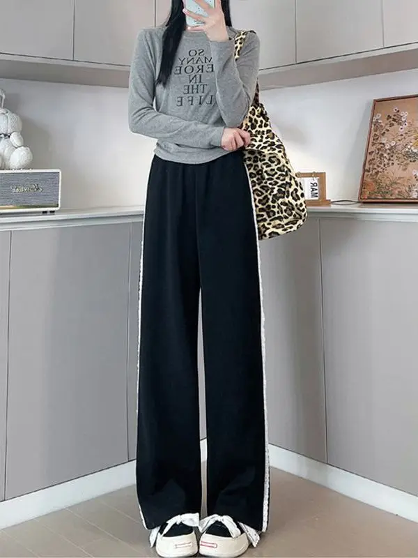 بنطلون أمريكي عالي الخصر وواسع الساق مزين بالدانتيل كاجوال بنطال رياضي مستقيم بطول الأرض للنساء #5