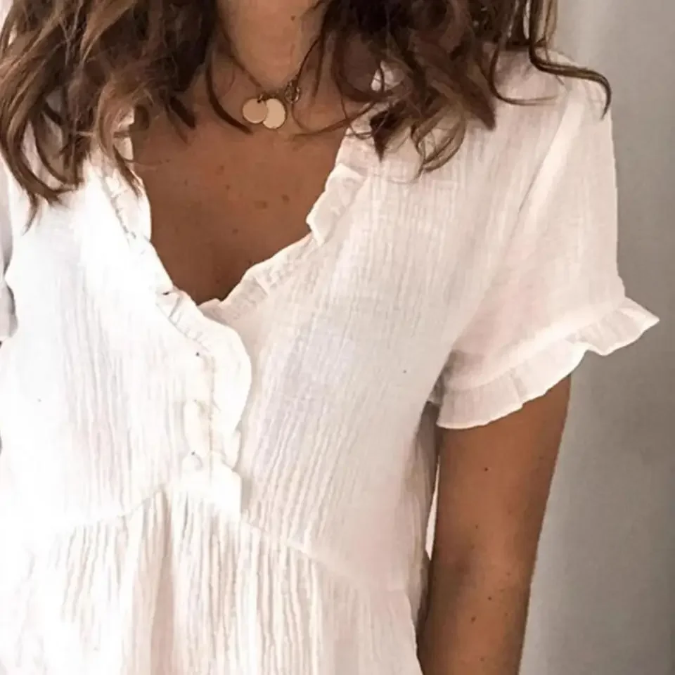 

Summer Women White Korean Elegant Blousas V Neck Short Sleeve Ruffle Blouses Shirts Top Blouse Pure Color Loose Fit Shirt
