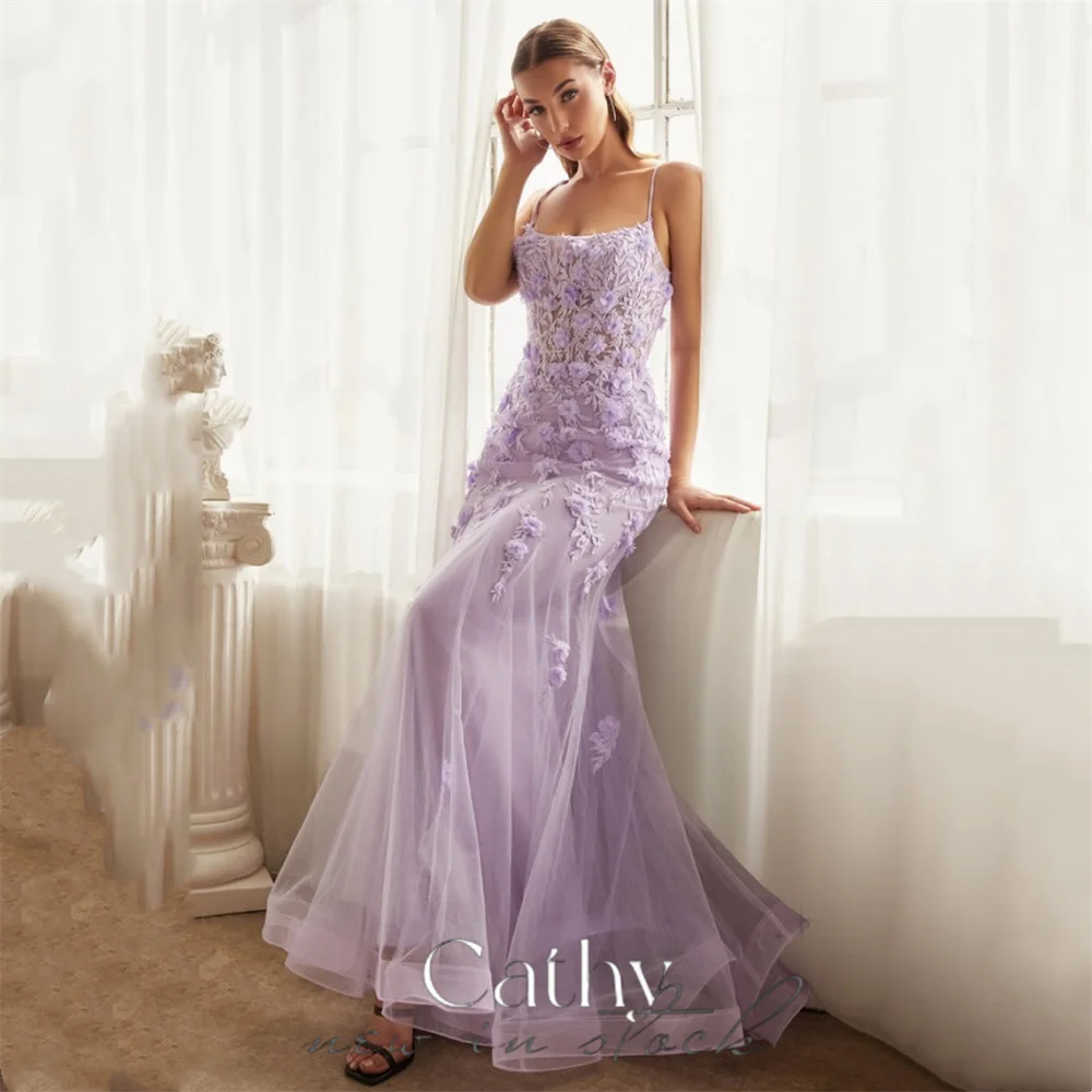 

Cathy Sexy 3D Lace Embroid Mermaid Vestidos De Noche Lavender Fishtail Prom Dress 2023 Fairy Trumpet Corset فساتين السهرة