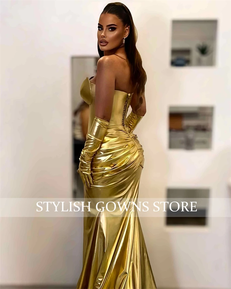 Gold Sweetheart Long Prom Dresses For Black Girls Pleat 2024 Birthday Luxury Dress Mermaid Split Evening Dresses With Gloves