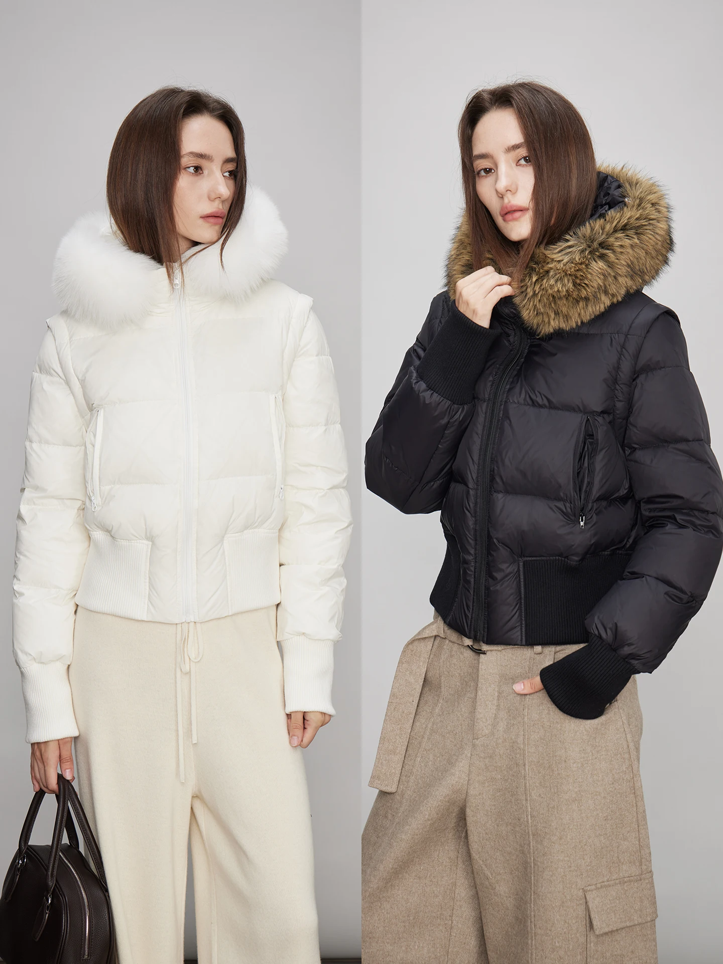 

Утепленная короткая пуховая куртка с отстегивающимся меховым воротником, капюшоном, регулируемой талией, повседневная, белая, с наполнителем из пуха.