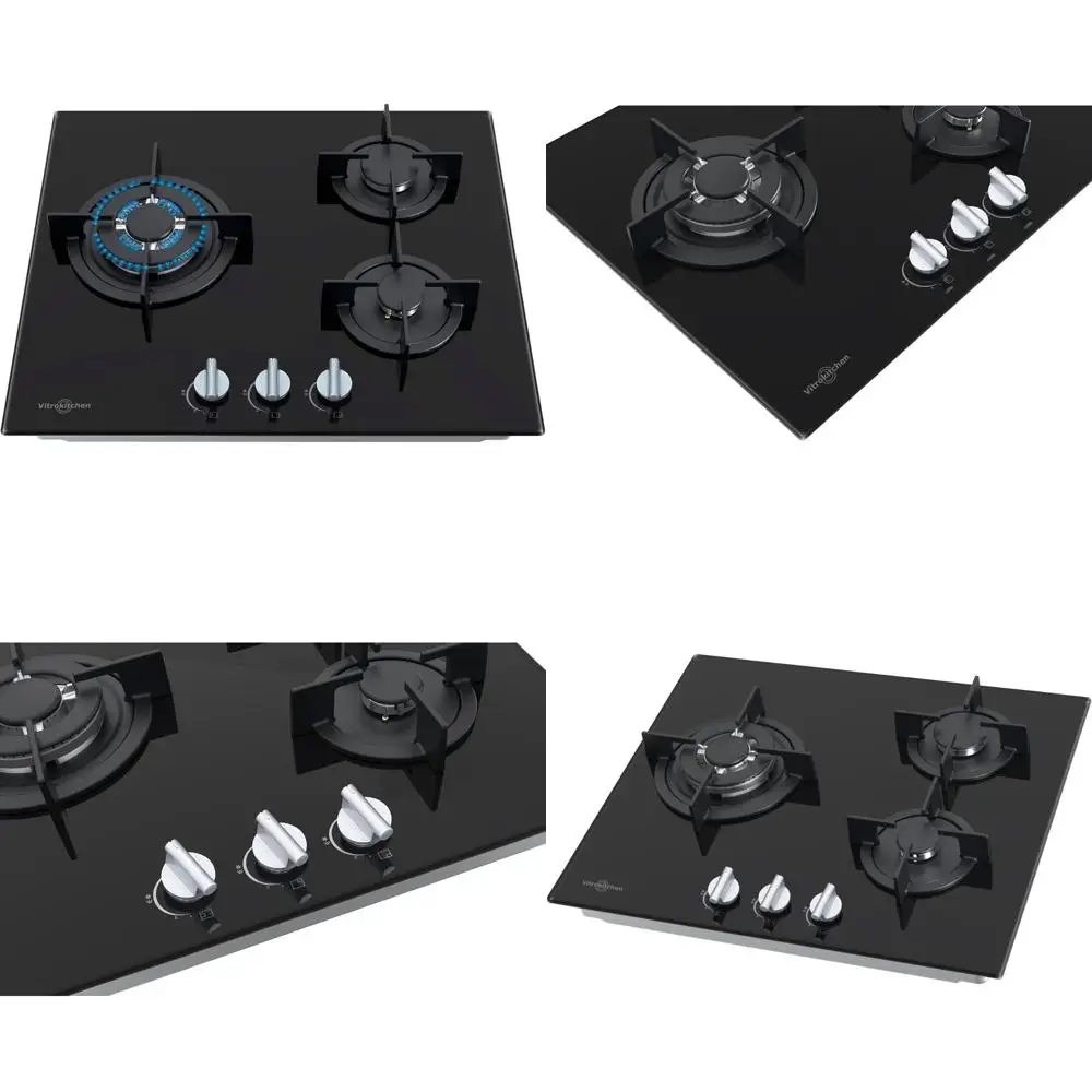 Vitrokitchen CG605NB - Estufa de gas cristalino con 3 quemadores, encendido electrónico, seguridad de parada de gas, 60 cm de ancho