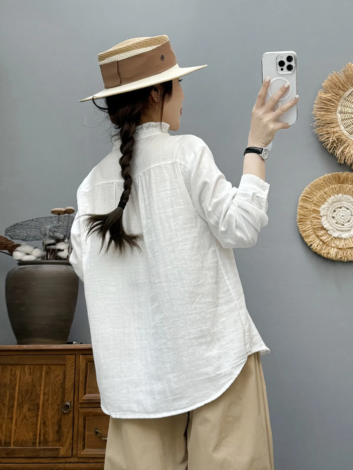 جديد 2025 قميص خريفي بأكمام طويلة من غزل القطن ، بلوزة نسائية فضفاضة مكشكشة برباط علوي ، بلوزة موري جيرل ناعمة OL متعددة الاستخدامات T57057CC