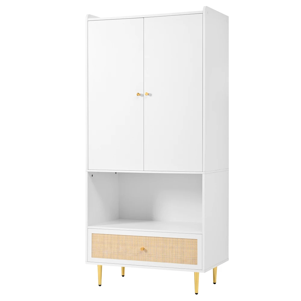PINGGO Weißer Kleiderschrank mit 2 Türen, Rattanschublade, Metallbeinen und Griffen, 80x48x175cm, für Schlafzimmer und Wohnzimmer – Detail 15