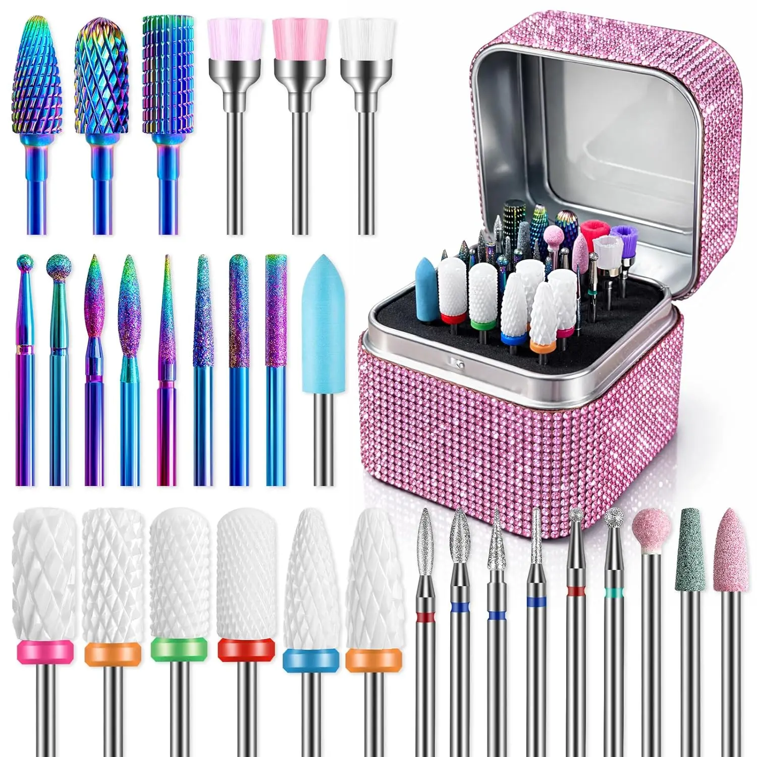 

30pcs Nail Drill Bits Set with Storage Case - 3/32" Carbide Diamond Ceramic for Acrylic Nails, Manicure, Pedicure