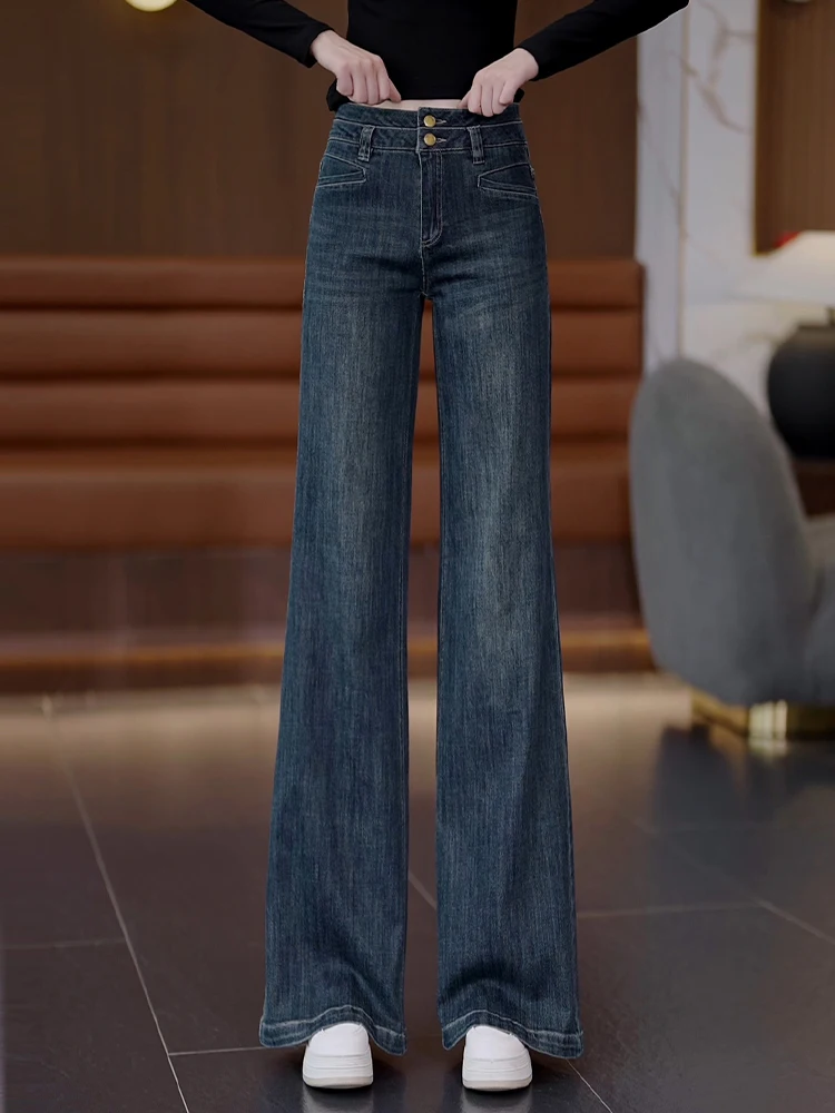 

High Waist Wide Leg Jeans Women's Spring Autumn Loose Floor Length Retro Slimming Casual Bell Bottoms Comfortable Cotton Blend