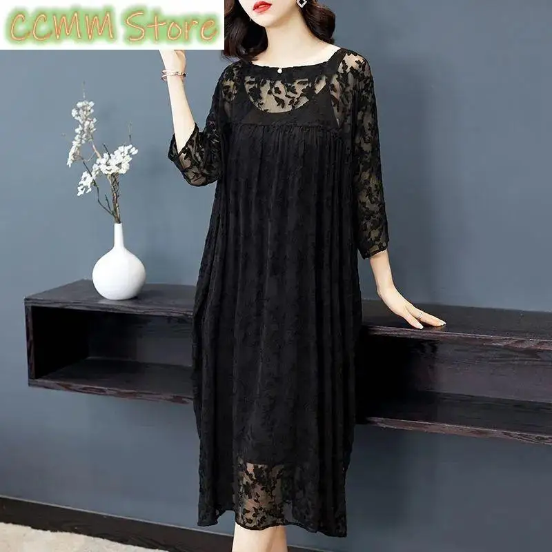 

Fashion Summer Sexy Lace Midi Dress Women's Clothing Round Neck Loose Elegant A-Line Casual Spliced Commute 3/4 Sleeve Dresses