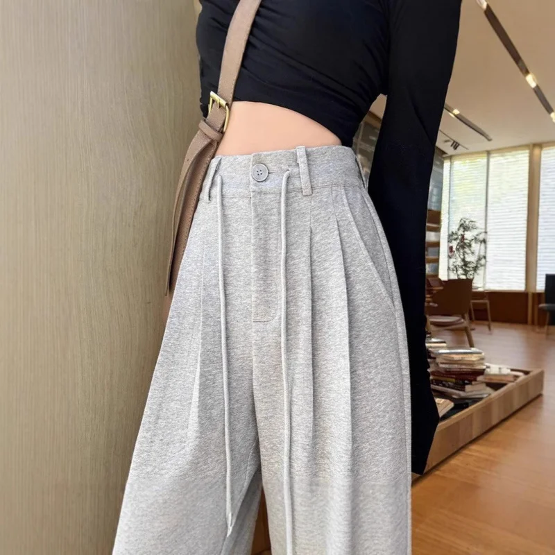 

2025Весна и осень, новые однотонные женские прямые спортивные штаны с высокой талией и широкими штанинами длиной до пола, повседневные модные брюки свободного покроя