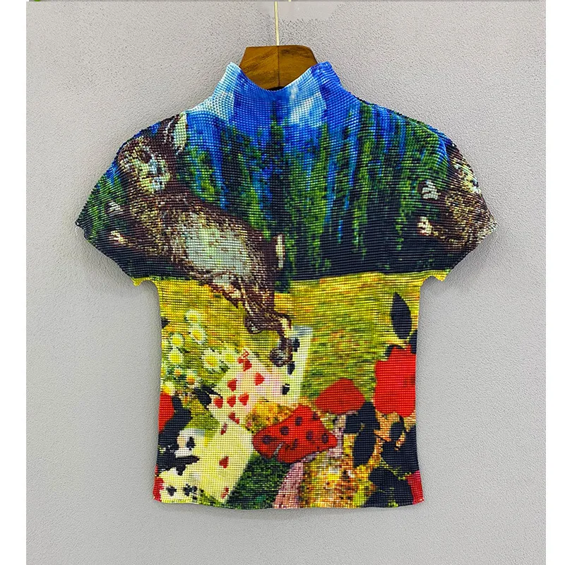 

Woman T-shirt Print Turtleneck Short Sleeve Pullover Elastic Tops Wild Loose Casual Style 2022 Summer Miyake Pleated Top