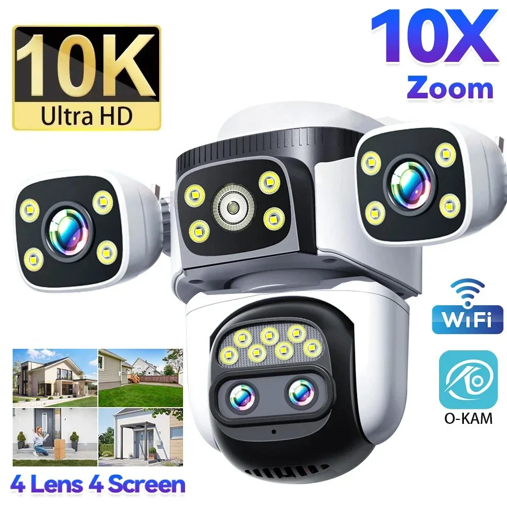 10K WiFi Camera 20MP Wireless Outdoor 10X Zoom Four Screen Four Lens 720° PTZ Automatic Tracking Waterproof Security Camera CCTV