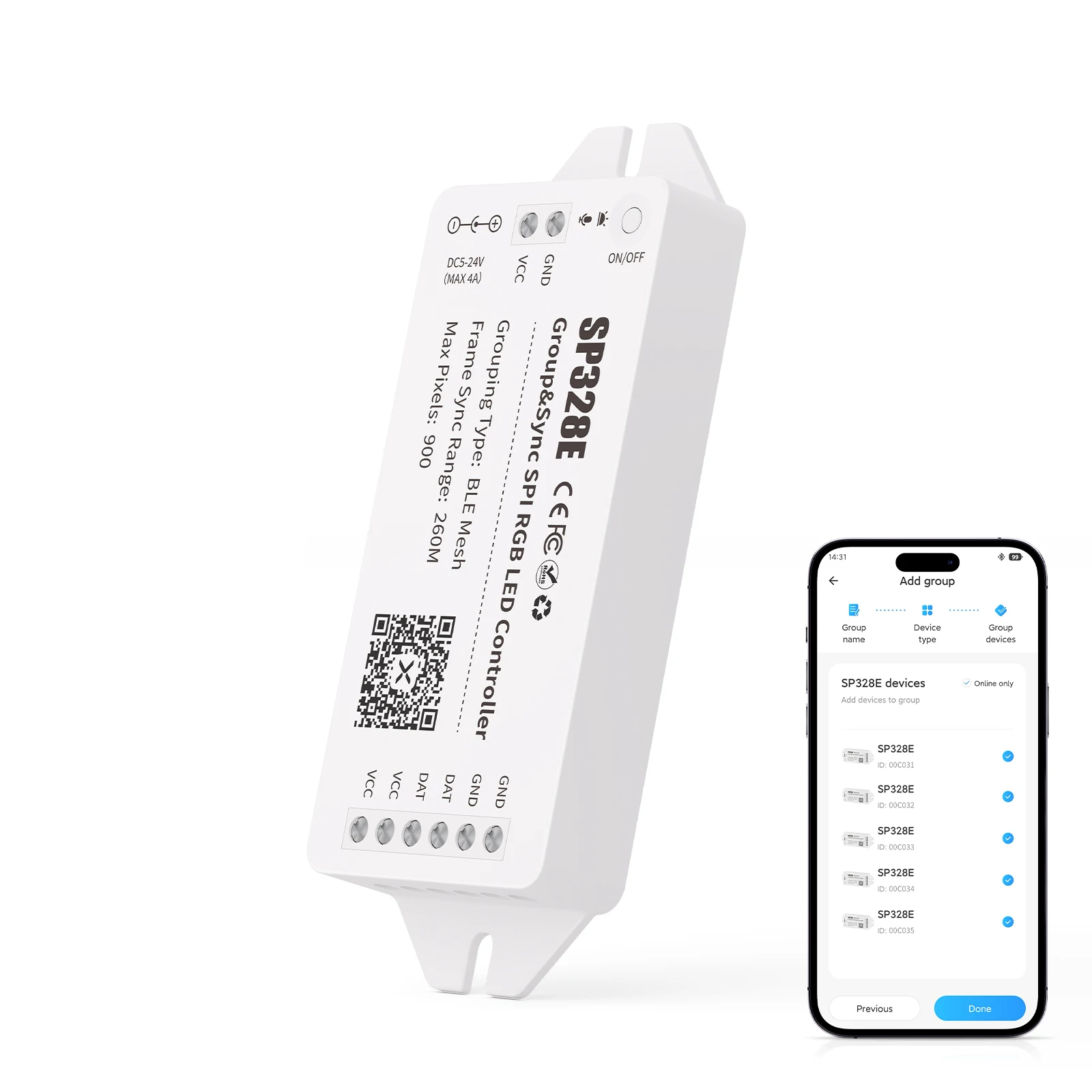 

DC5-24V SP328E BT Mesh Group Sync LED Controller Long Distance 260M Frame Sync Range App Music DIY Mode LED Light Strip