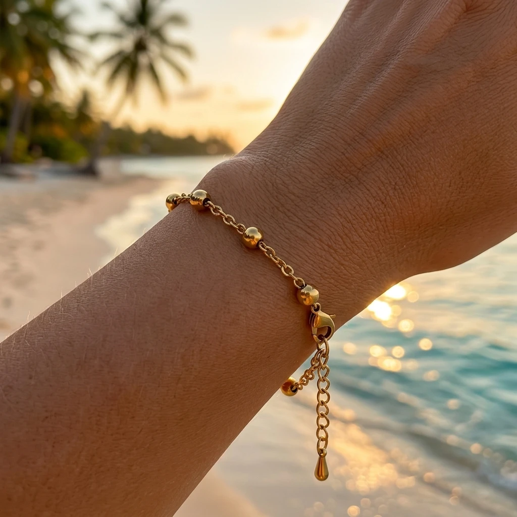 1pc Women's Gold Tone Stainless Steel Ball Cable Chain Bracelet with Adjustable Extension Chain and Lobster Clasp