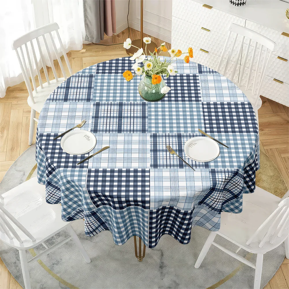 One piece of clean blue and white checkered round tablecloth, a minimalist Nordic-style table decoration cloth