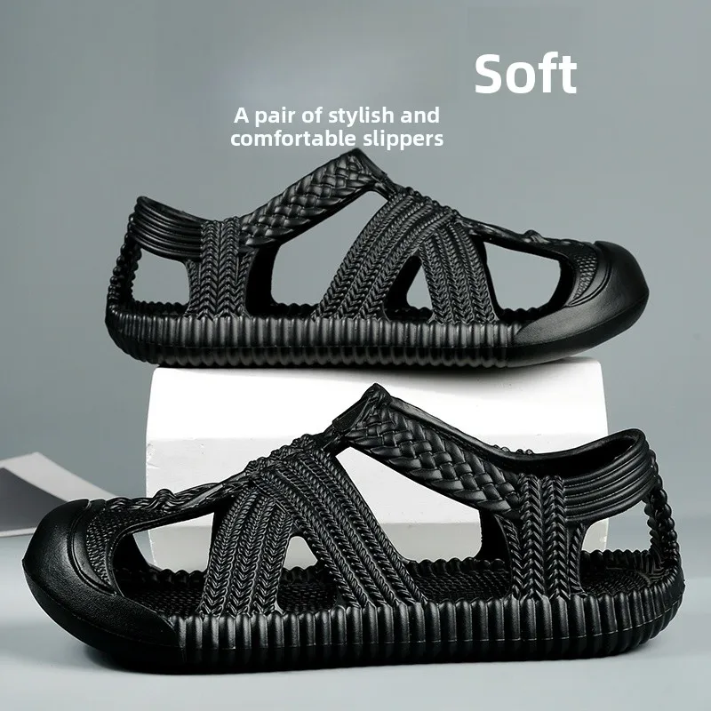 Men's Summer Outdoor Wear Anti-Slip Driving Grass Woven Toe Slippers Beach Water Hollow out Sandals Thick Bottom Rubber Sole