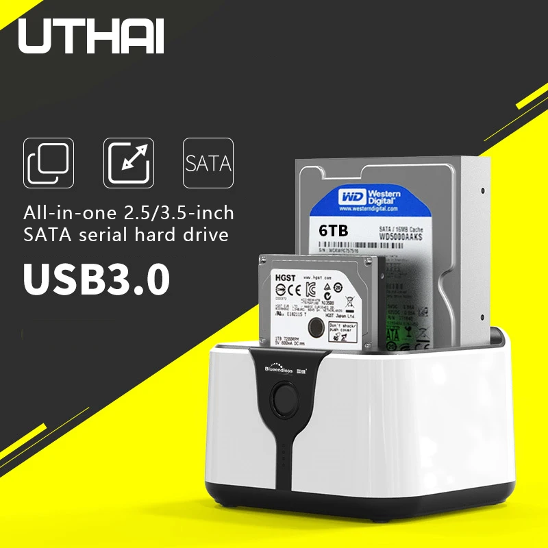 UTHAI-Base de disco rígido de disco duplo, USB 3.0, cópia offline, gabinete SATA HDD, suporta 16TB, soquete de disco rígido multifuncional, 2.5 ", 3.5"