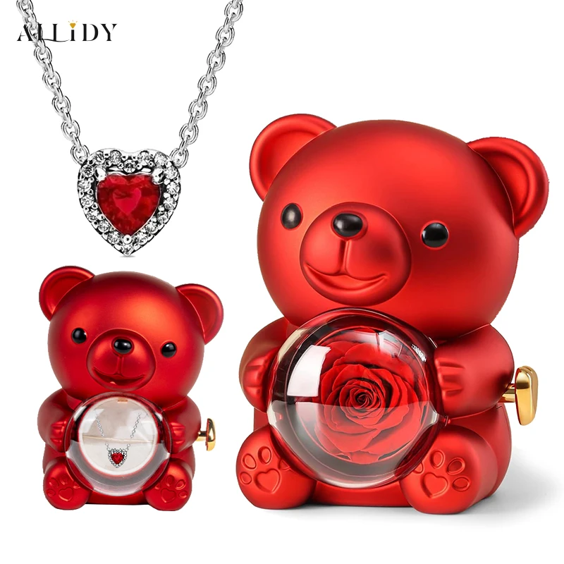 Valentine's Day Gift Set Preserved Rose Teddy Bear Love Necklace Women's Explosive Elegant Silver Birthday Gift for girlfriend