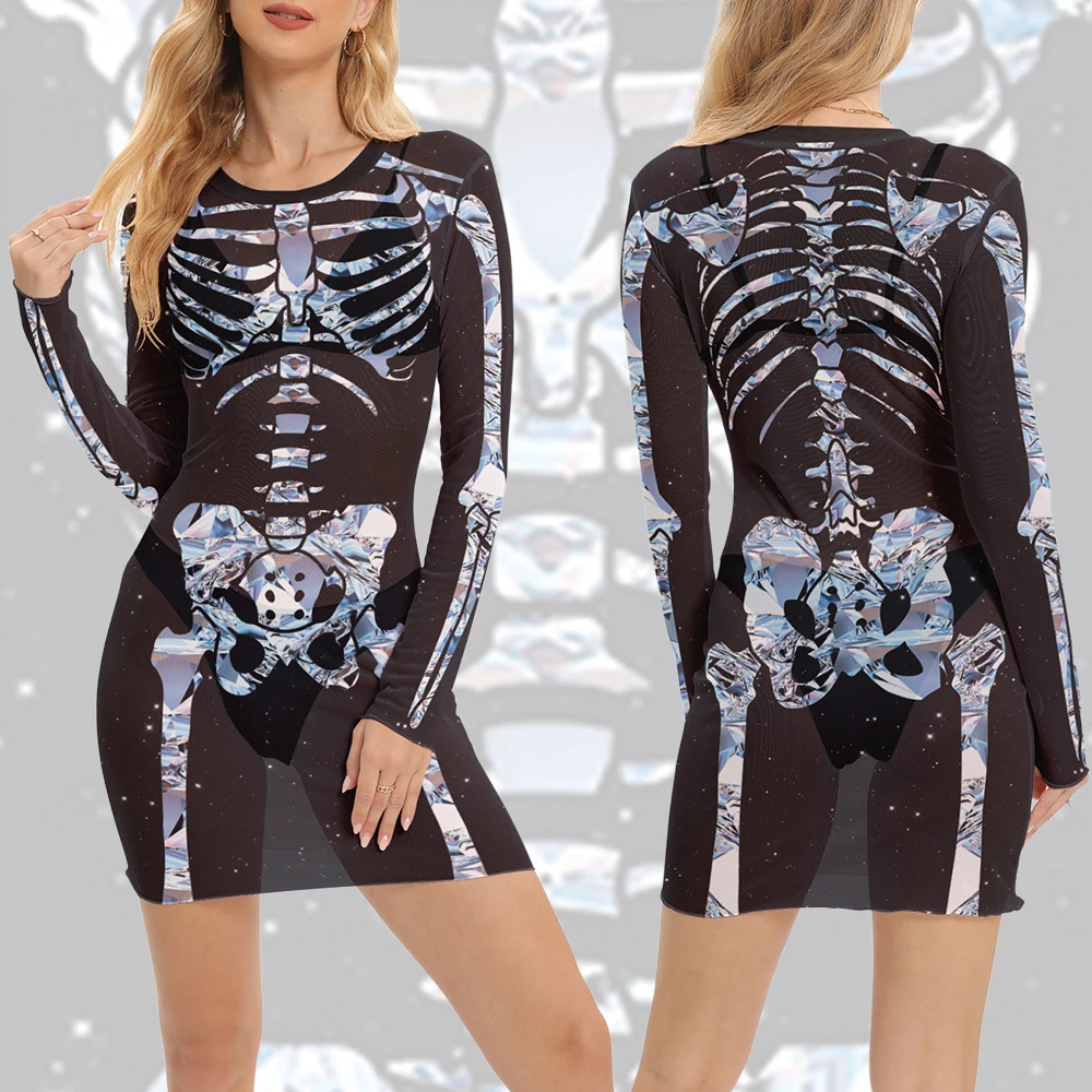 Festival Skeleton Mini Dress Women Sexy Black Mesh Dress Halloween Cosplay Gown Ghost Outfit Carnival Party Gothic Dress Up