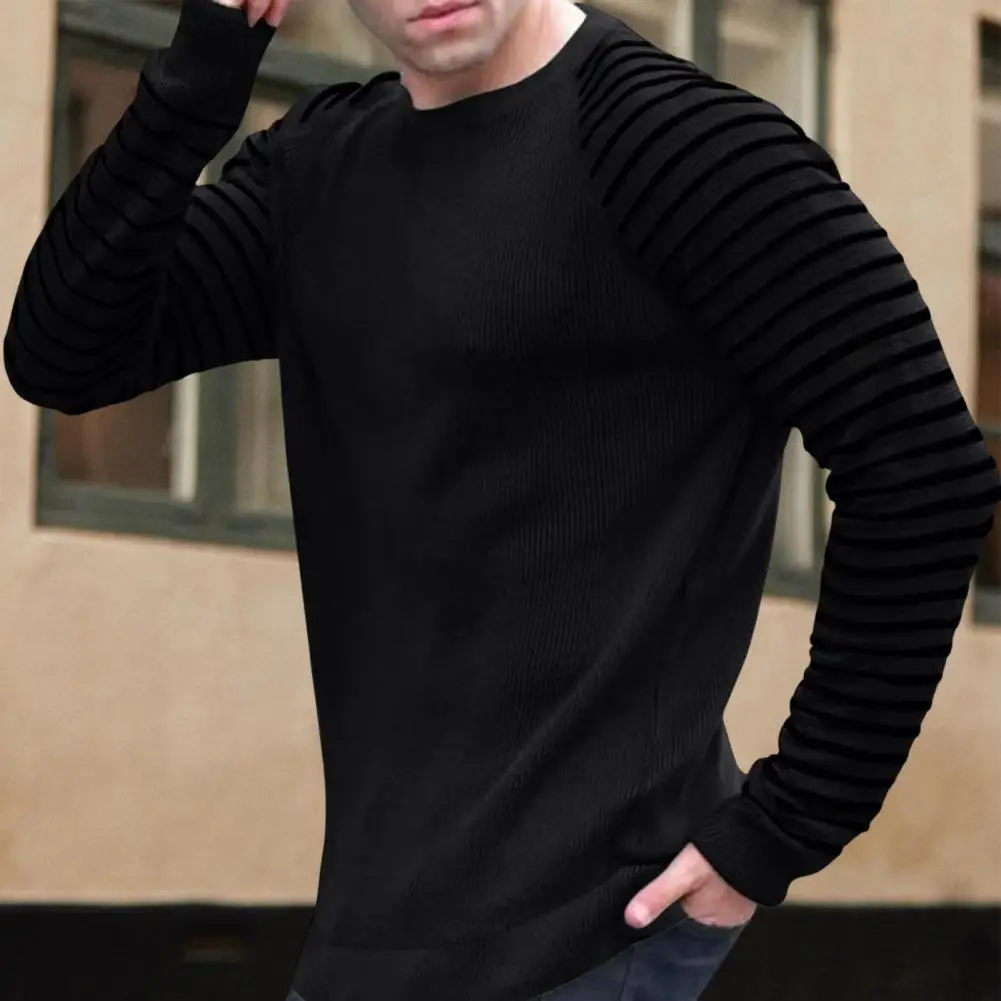 Stylish Pullover Top  Raglan Long Sleeve Stretchy Autumn Tops  Male Autumn Striped Sleeve Bottoming Shirt