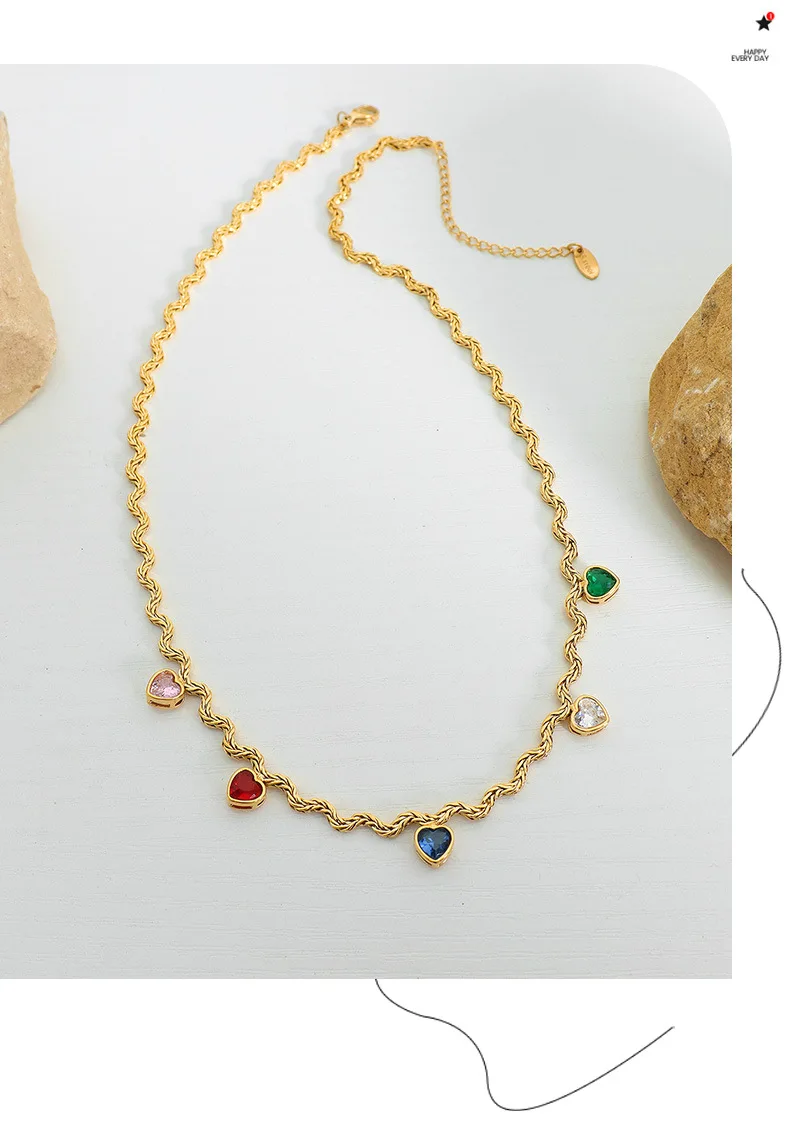Mode Bunte Zirkonia Herz Anhänger Halskette Frauen 316 Edelstahl Vergoldet Dame Wasserdicht Schmuck Zubehör Geschenk – Detail 9