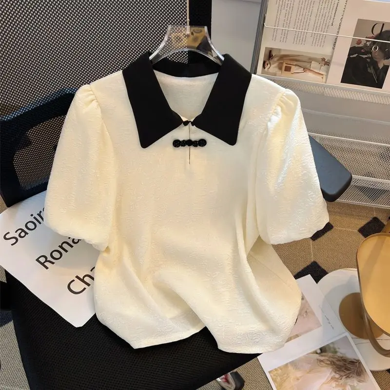 New Chinese Style Contrasting Bubble Sleeve Button Up Shirt for Women's Summer Vintage Chiffon Shirt