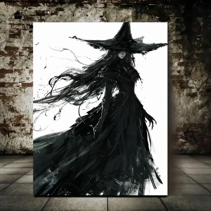 Elegant Witch in Black Dress & Hat Canvas Art - Wooden Framed Wall Decor Living Room, Perfect for Halloween, 11.8x15.7 inche