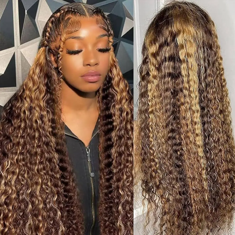 P427 Honey Blonde 360 Full Lace Wig Highlight Curly Human Hair Pre-Plucked Deep Wave Water Wave 360 Invisible Strap Lace Frontal Wig 34 Inch