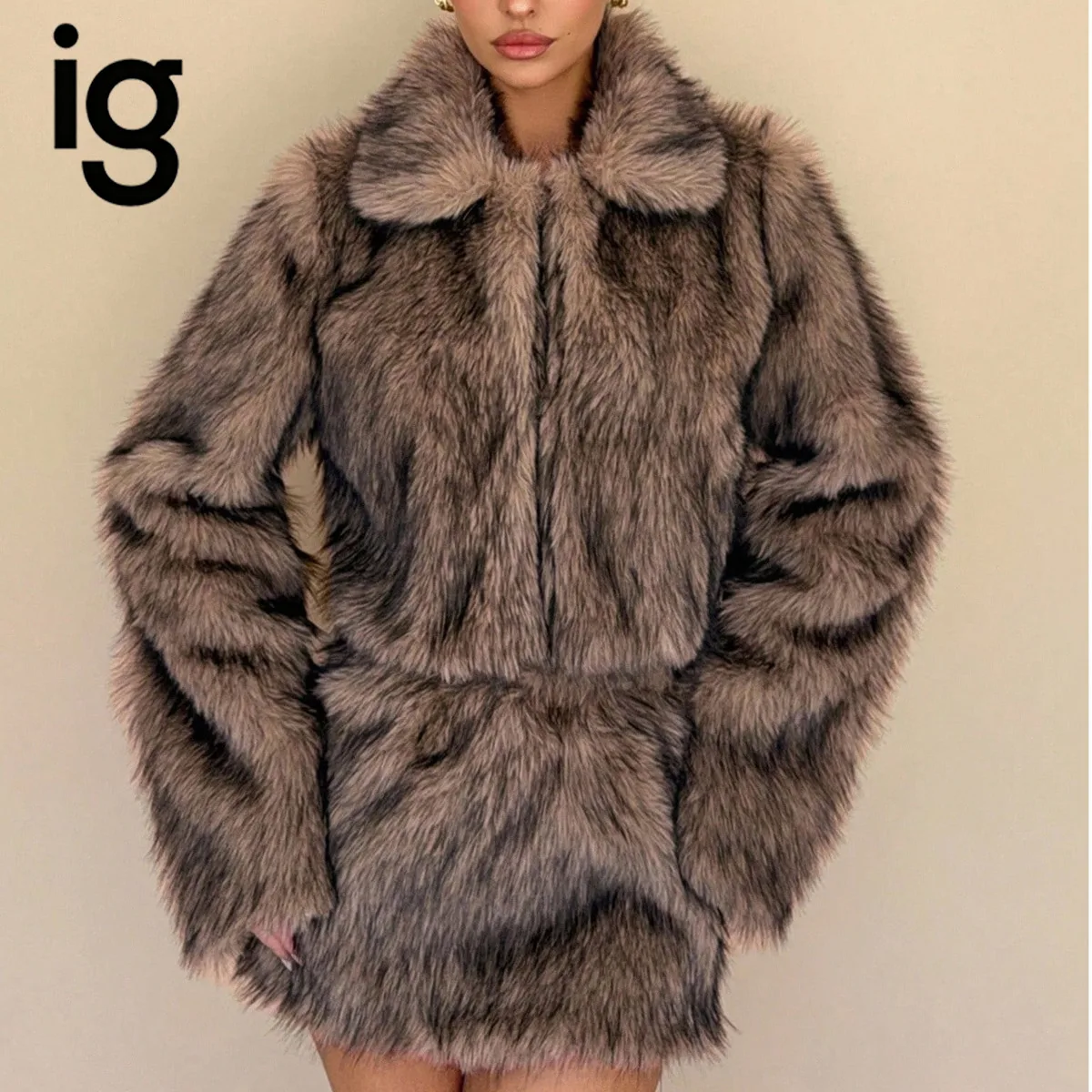 IG Women Striped Faux Fur 2-Piece Set Lapel Collar Cropped Jacket & High Waist Mini Skirt, Winter Fluffy Party Streetwear Outfit