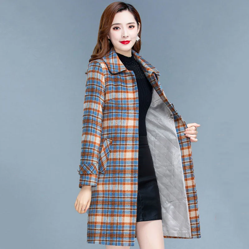 Plaid Woolen Coat Women Korean Mid-length Jacket Autumn Winter New Single-Breasted Wool Blend Female Basic Coat Overcoat 4XL 5XL