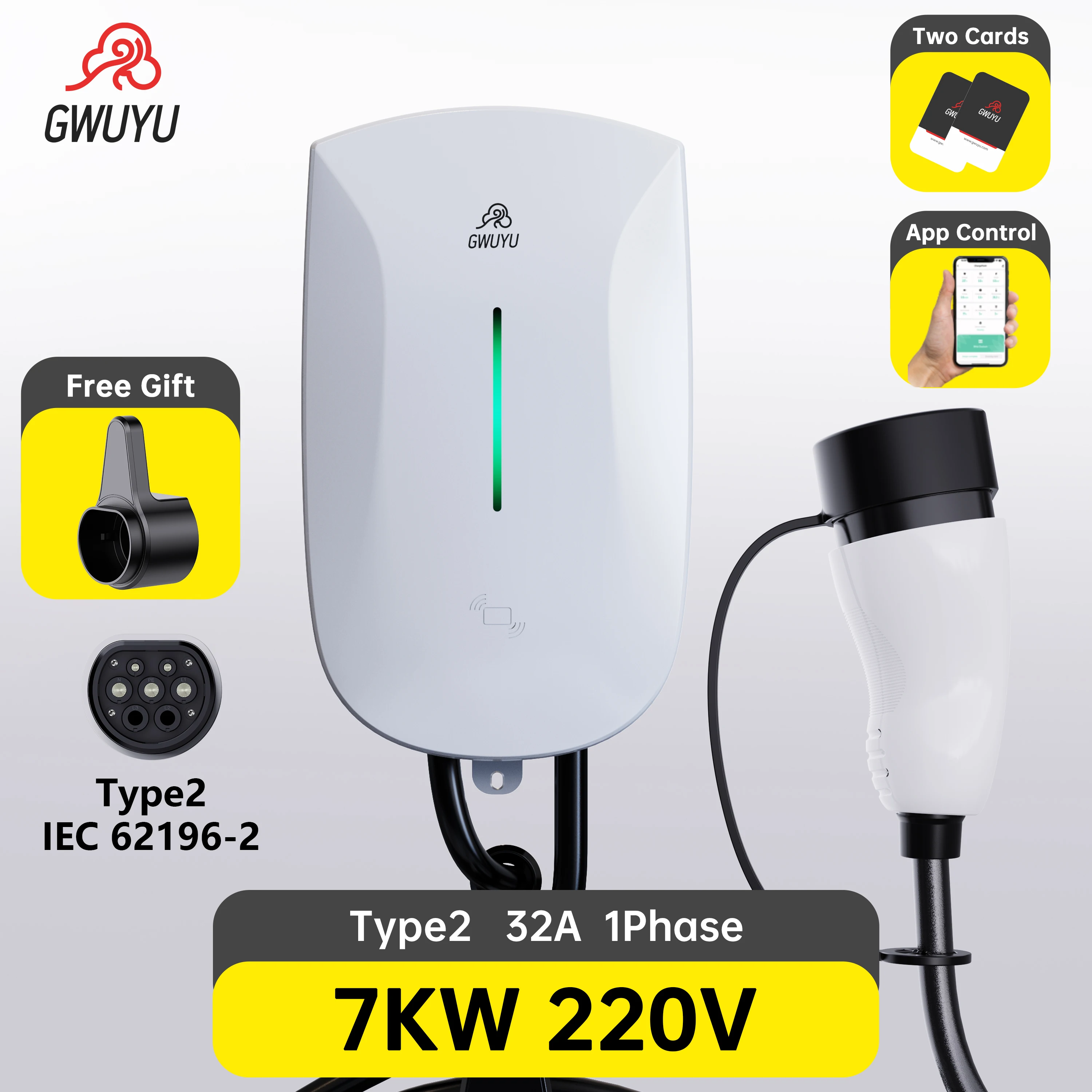 

EVSE Wallbox EV Charger Station Type2 IEC62196-2 Plug 32A 7KW 1 Phase 16A 11KW/32A 22KW 3 Phase with 5m Cable APP Wifi Cards