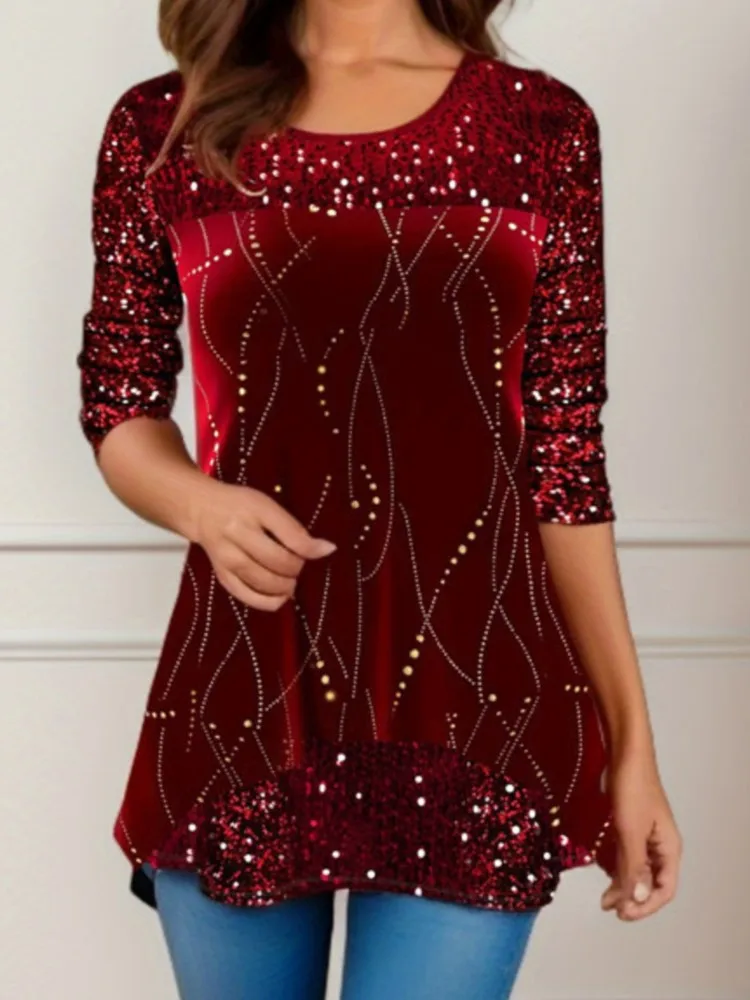 2024 New Printing T-shirts Long Sleeve Round Neck Tee Casual Fashion Elegant Commuting Female's Pullover Tops Spring And Autumn