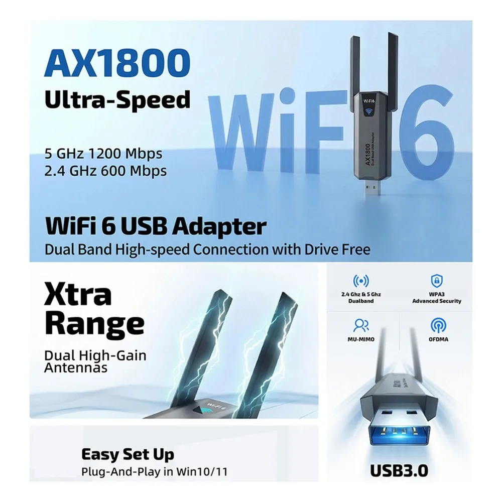 618 Mega Sale AX1800 WiFi Adapter 1800Mbps USB3.0 WiFi6 Receiver Transmitter 2.4G & 5.8G Supports MU-MIMO for Desktop PC