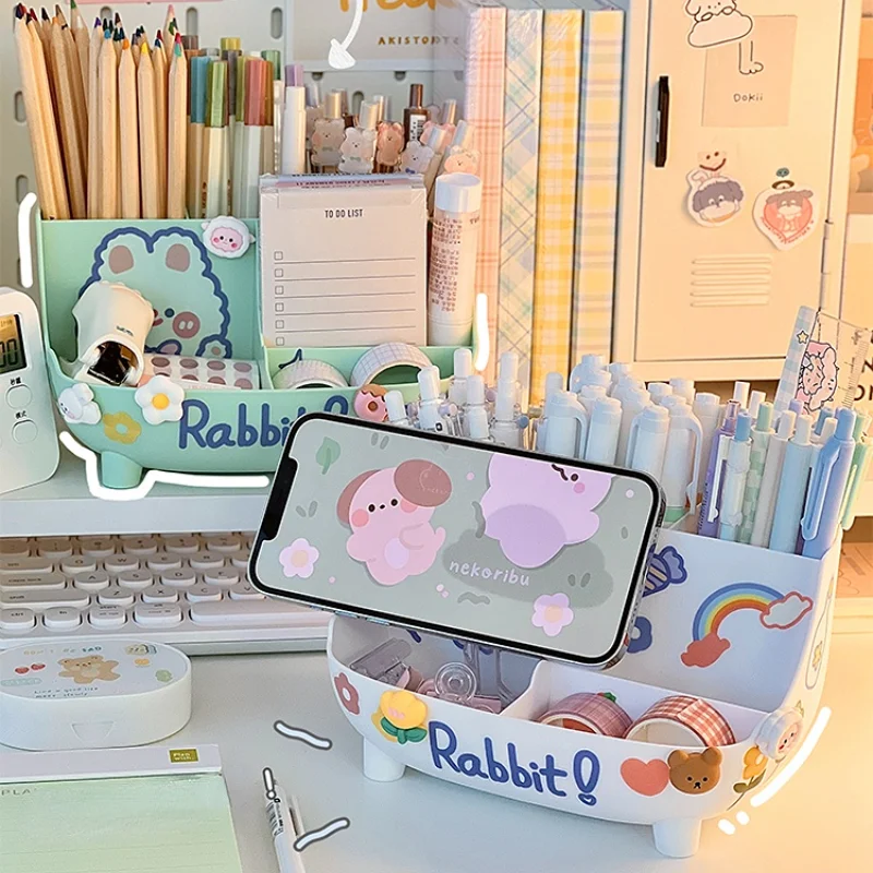 Portalápices de escritorio Kawaii de gran capacidad, caja de almacenamiento de papelería linda, portalápices de dibujos animados creativos, organizador de escritorio Ins para niñas