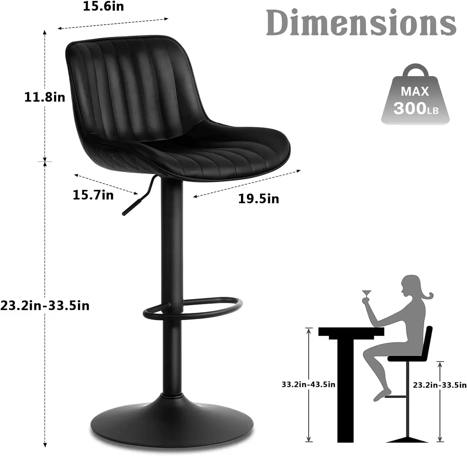 Tabouret de bar rotatif noir, réglable, moderne, hauteur comptoir