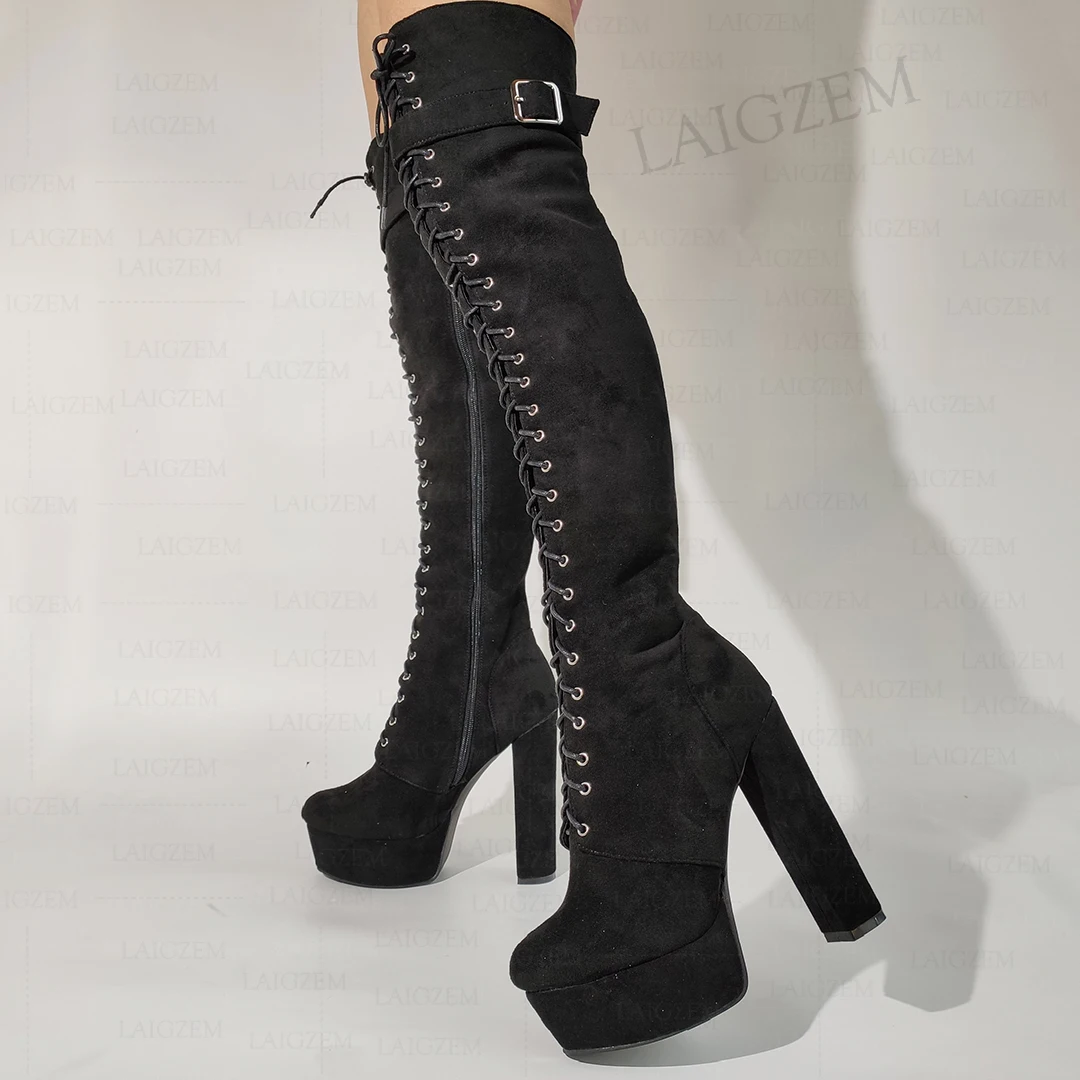 LAIGZEM Women Over Knee High Boots Platform Faux Suede Thick High Heels Boots Handmade Ladies Shoes Woman Big Size 42 43 45 52