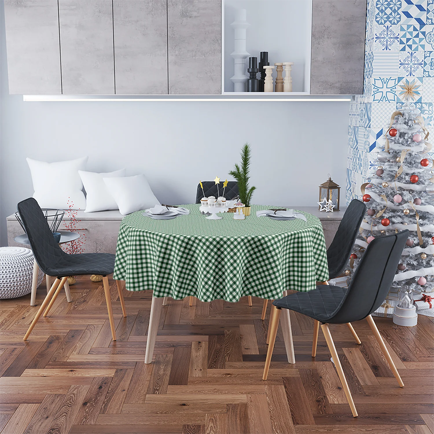 One green checkered round tablecloth for party use, tablecloth for a kitchen decorationzyc