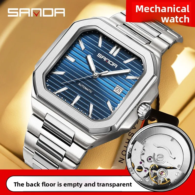 SANDA2025 Orologio meccanico quadrato da uomo nuovo Calendario impermeabile Orologio meccanico da uomo per il tempo libero con striscia in acciaio massiccio
