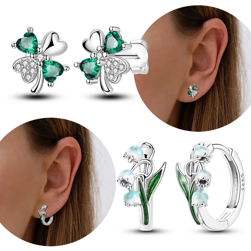 Original 925 Sterling Silver Four Clover Stud Earrings Lily of the Valley Hoop Earrings For Women Green Flower Jewelry Gift