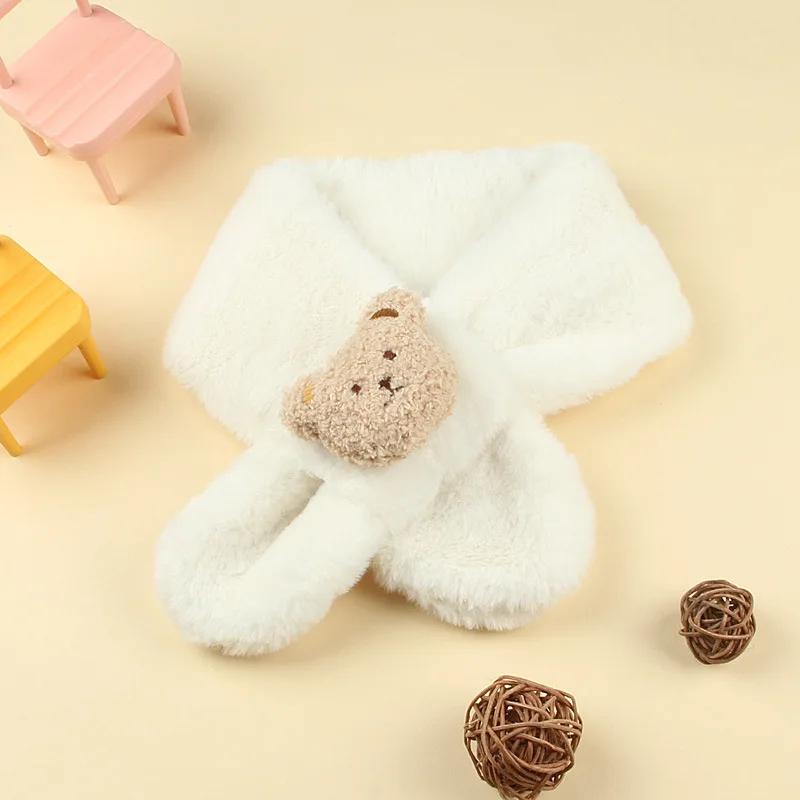 Korean Cute Bear Plush Baby Scarf Solid Color Winter Warm Scarves For Kids Girls Outdoor Warmer Cross Neckerchief