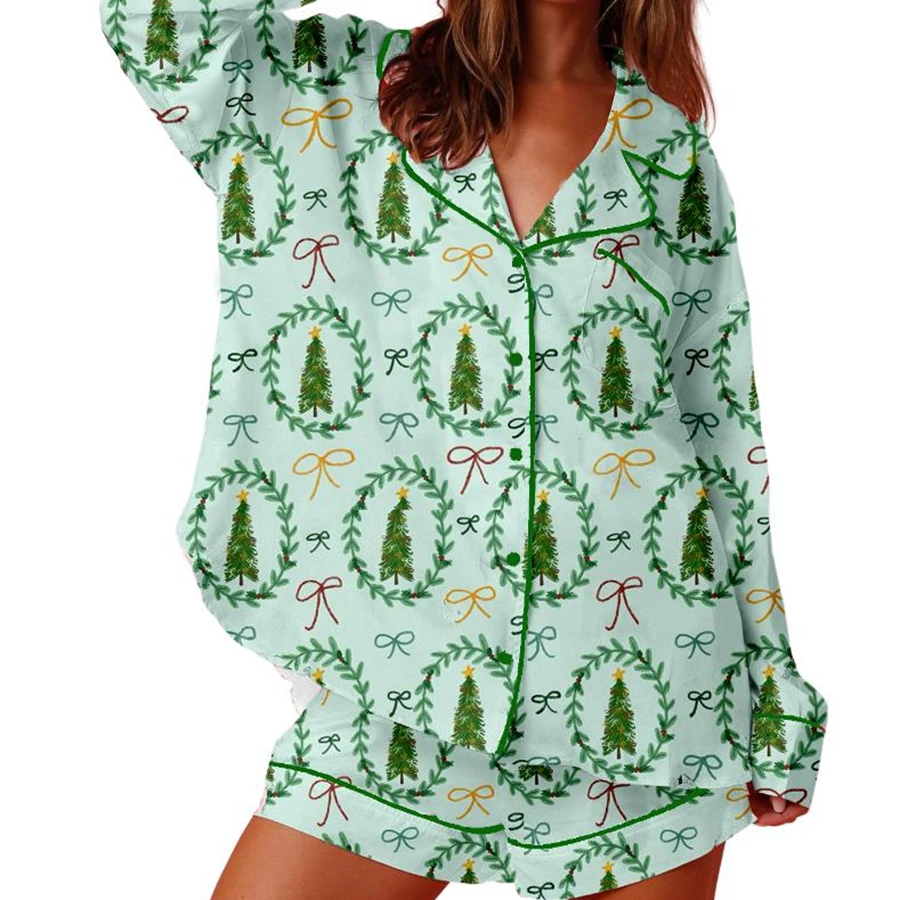 Women Christmas Pajamas Lounge Set Christmas Tree/Santa/Candy Cane Print Long Sleeve Tops and Shorts 2 Piece Loungewear Outfits