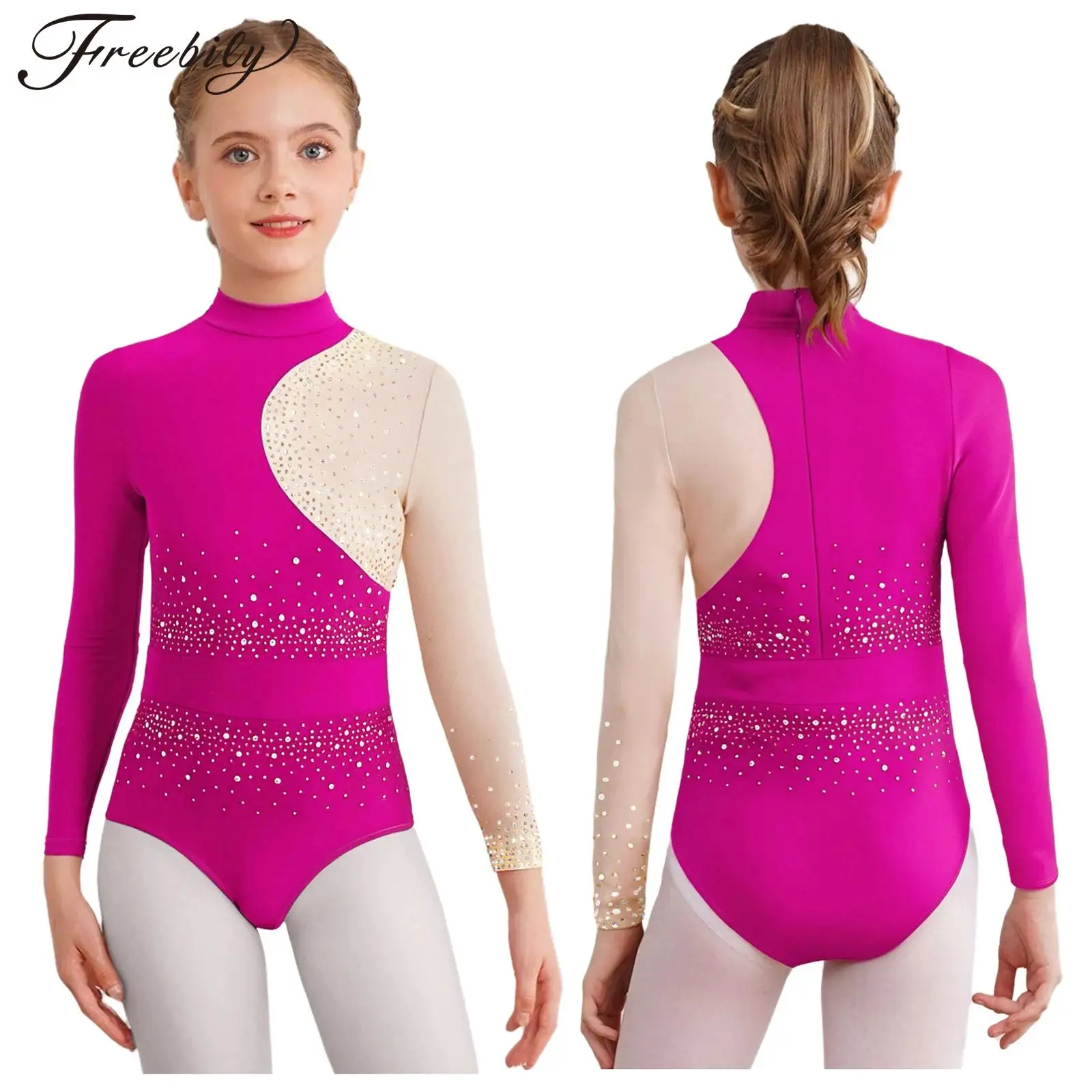 

Детский купальник для фигурного катания для девочек, гимнастический костюм для балета, танца, акробатики, костюм с воротником-стойкой и длинными рукавами, блестящее боди со стразами