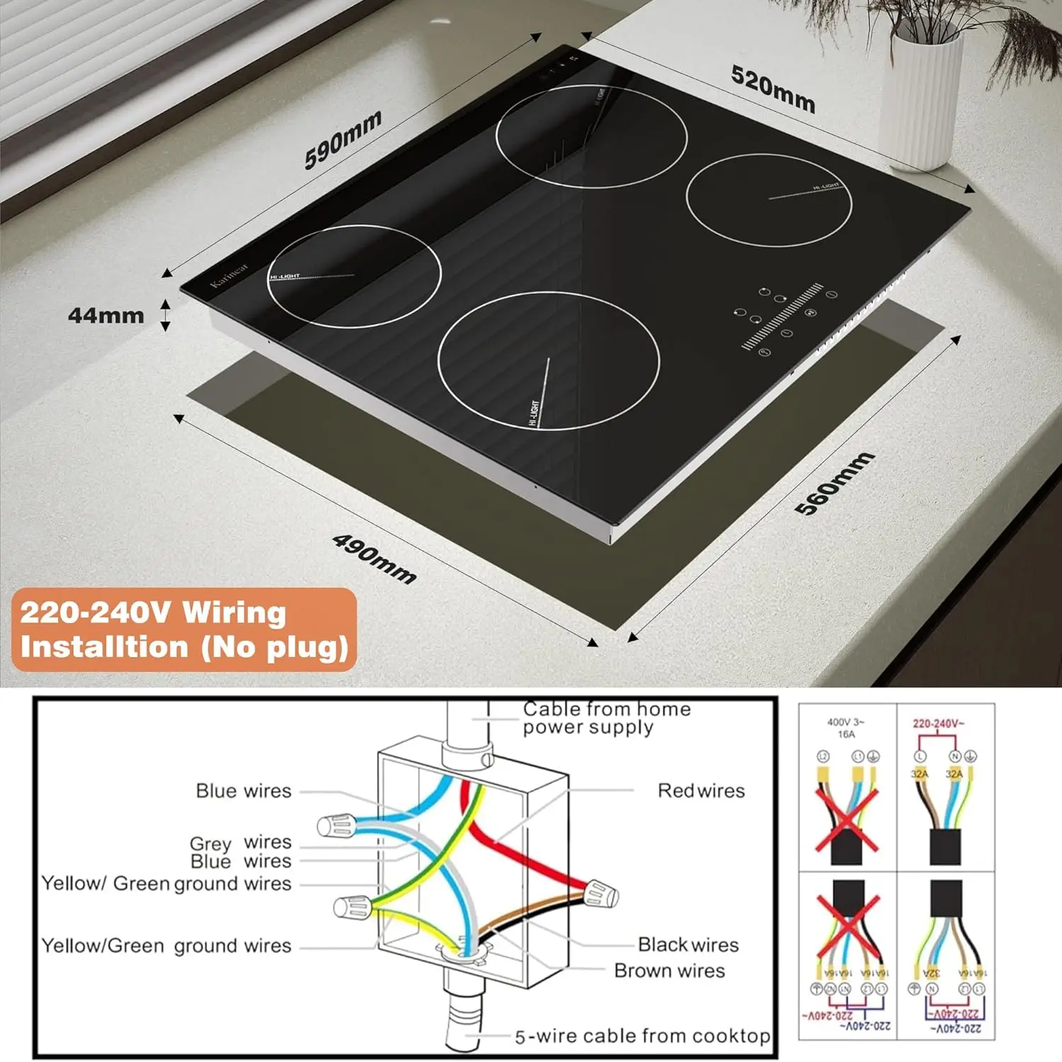 موقد كهربائي من السيراميك من كارينير 4 مناطق، مدمج 60 سم مع تحكم باللمس منزلق 6000 وات، وظيفة مع قفل أمان، بدون قابس، 230 فولت