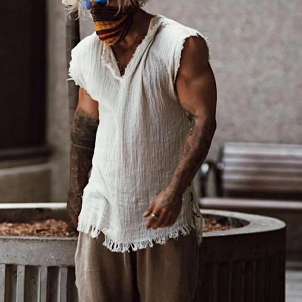 Men Vest Solid Color Casual Leisure Individual Old Style Loose Type Ripped Edge V Neck Sleeveless Men Tank Top Daily Clothes