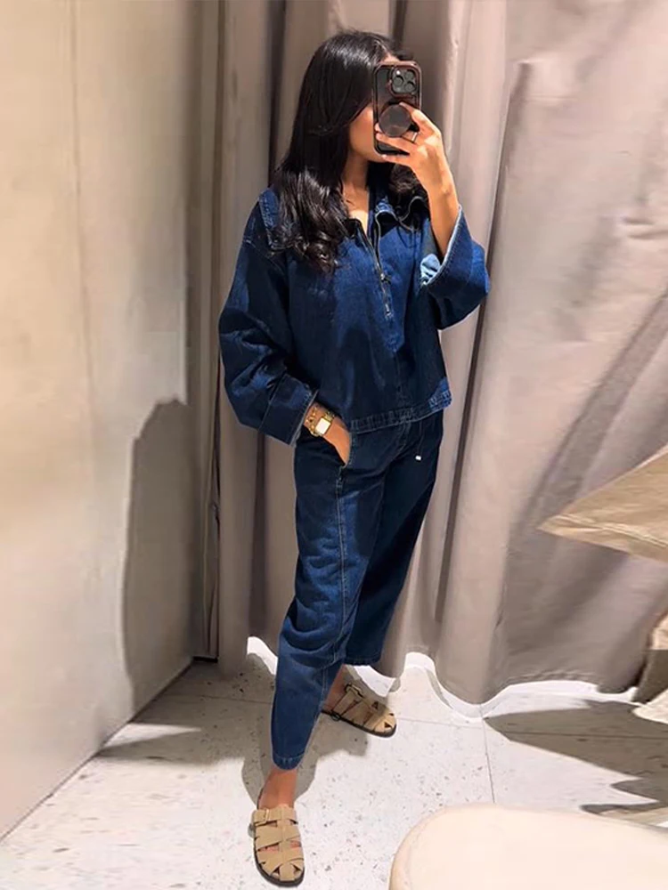 

Vintage Women Denim Distressed Suits Large Lapel Zipper Shirts Tops Drawstring Loose Jeans 2 Piece Sets High Street Wash Outfits
