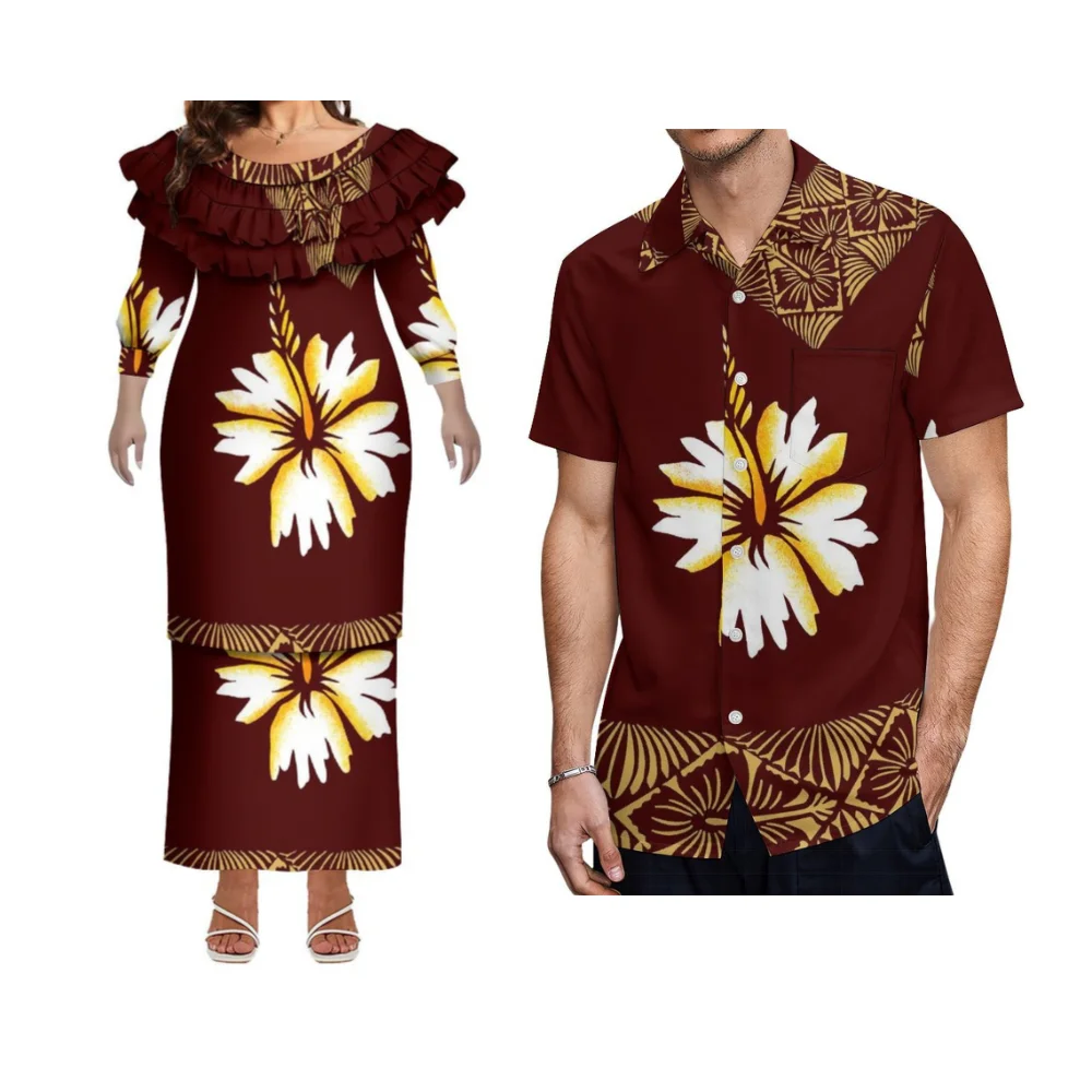 Tasse incluse feuille de Lotus dentelle col rond mince Puletasi costume Long robe chemise décontractée pour hommes vêtements de Couple motif personnalisé polynésien