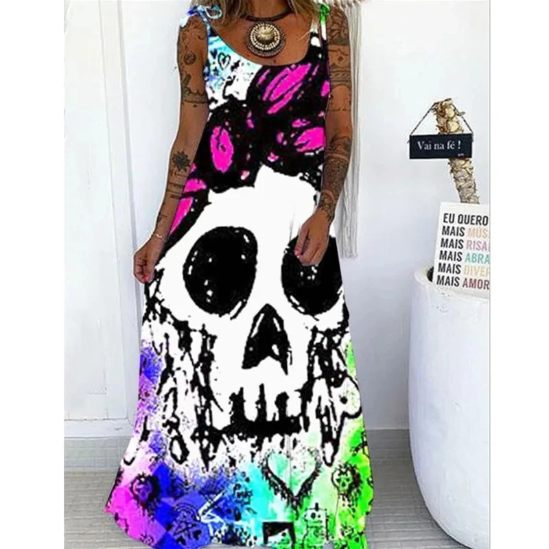 

2022 European Style Fashion Gothic Skull Print dress Women Spaghetti Strap Trouser Sexy Pocket Design Overalls