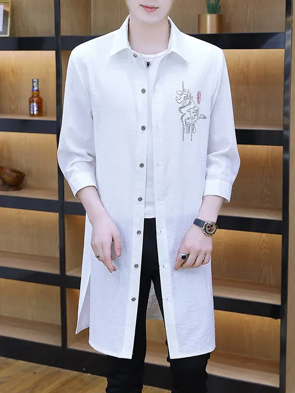 Spring Autumn Men's Loose Fit Long Coat Knee Length Fashionable Thin Style Korean Version Button Decorated Cotton Polyester B...