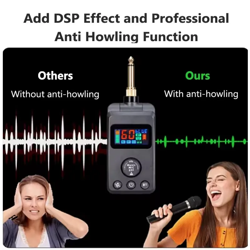 ไมโครโฟนไร้สาย UHF AUX ใช้ไมโครโฟน BT ชาร์จ Anti Howling Effect ปรับ Echo Cancellation ไมโครโฟน DSP