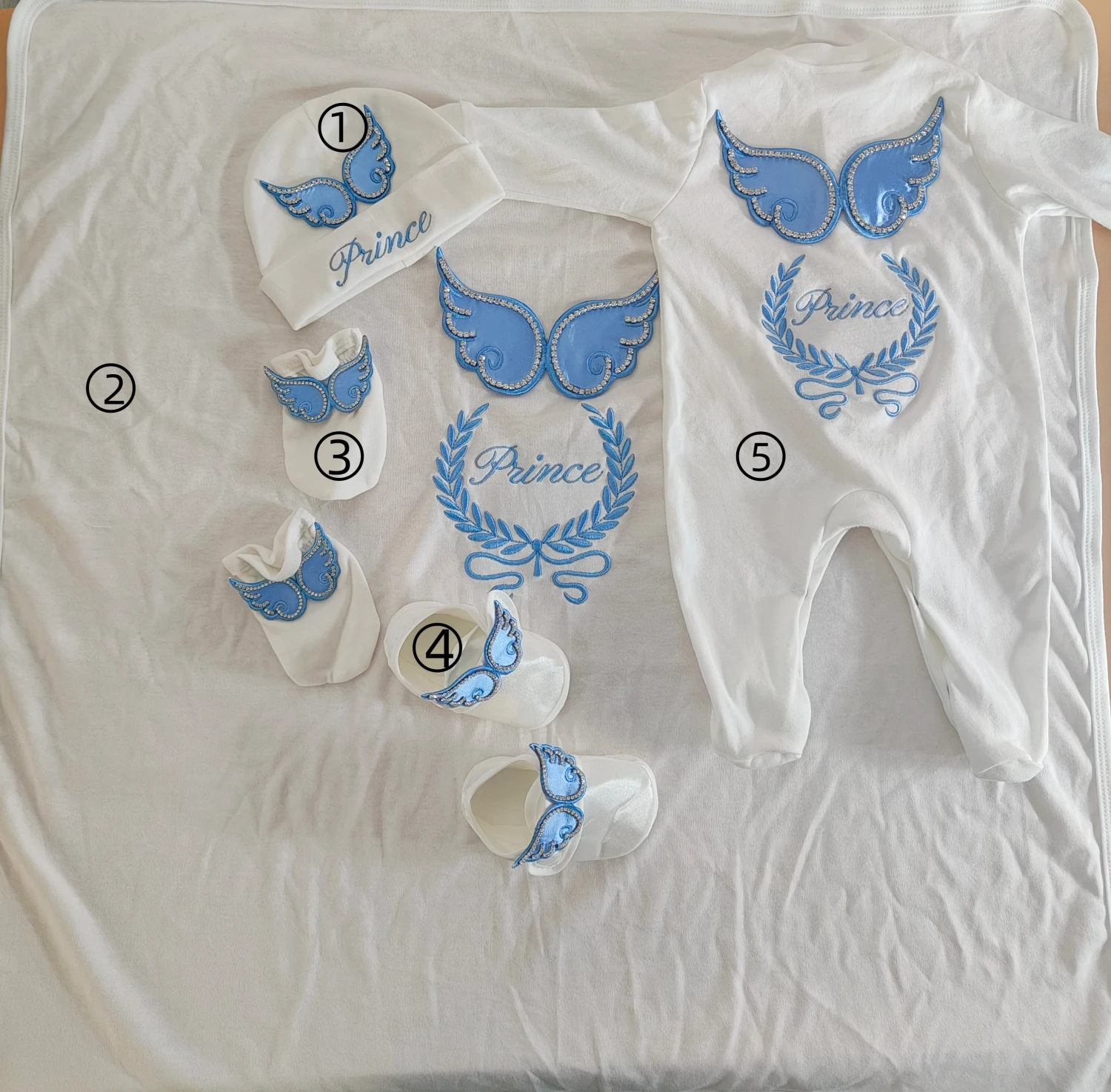 Premium Soft Newborn Boy Outfit Blue 5Pcs Footed Romper with Angel Wing Embroidery Breathable Baby Shower Gift 0-6 Months