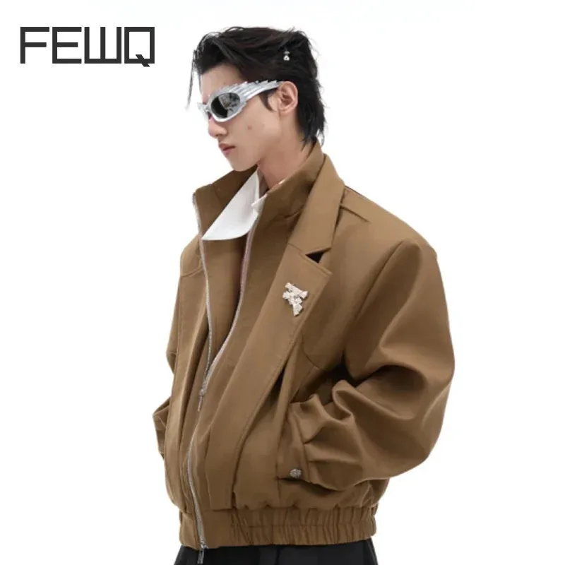 FEWQ Niche Double Neck Fake Twopiece Spliced Shoulder Padded Jacket Simple Loose Design Solid Color Male Tops Fashion 24E2115