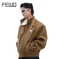 FEWQ Niche Double Neck Fake Twopiece Spliced Shoulder Padded Jacket Simple Loose Design Solid Color Male Tops Fashion 24E2115